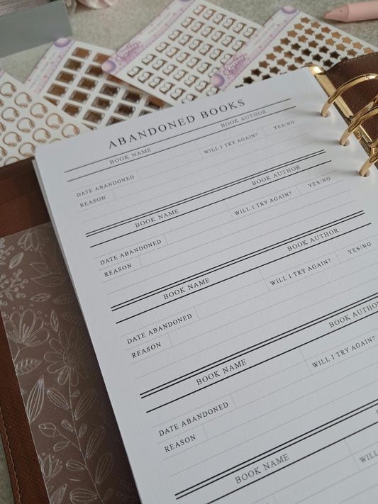 Digital Download A5 Size Reading Journal | Bookish gifts | Book Review | Reading tracker | Planner inserts | Abandoned Book DNF