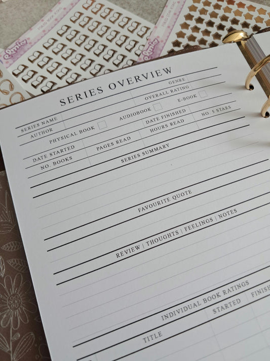 Digital Download A5 Size Reading Journal | Bookish gifts | Book Review | Reading tracker | Planner inserts | Book Series overview Tracker