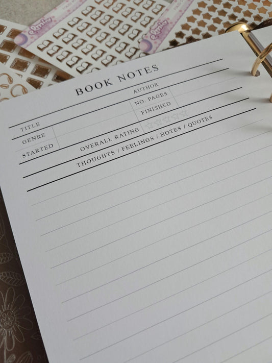 Digital Download A5 Size Reading Journal | Bookish gifts | Book Review | Reading tracker | Planner inserts | Book Note Pages