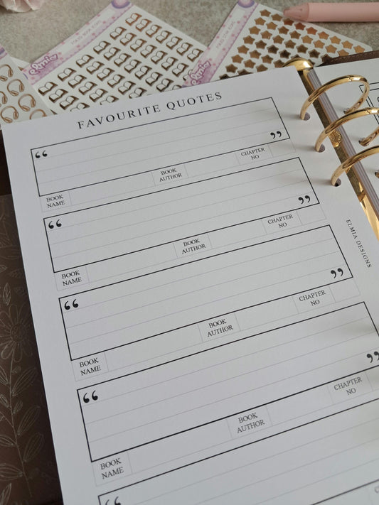 Digital Download A5 Size Reading Journal | Bookish gifts | Book Review | Reading tracker | Planner inserts | Favourite Book Quotes