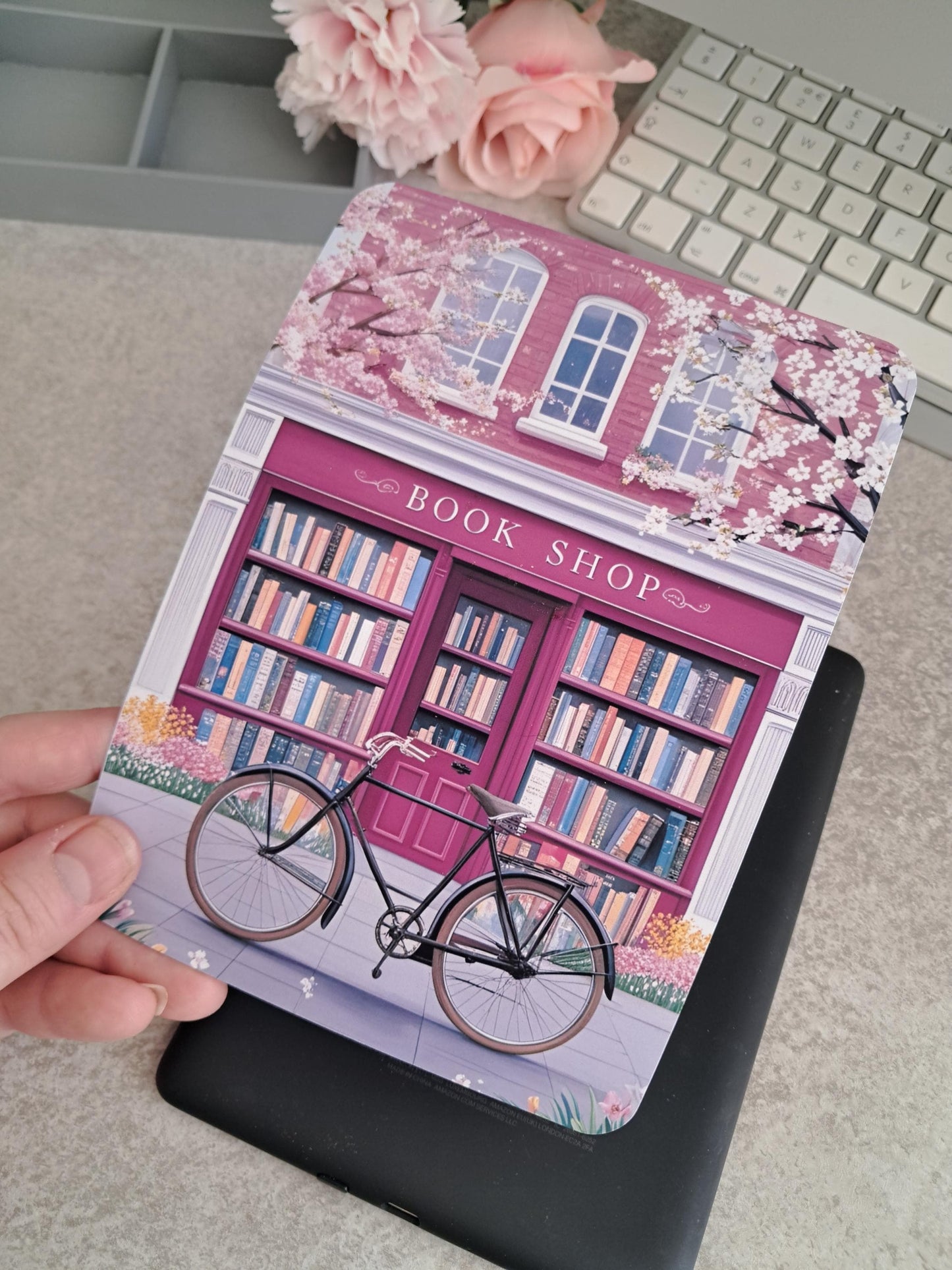 Printed Custom Kindle Case Insert | Reader Gifts | Bookish | Decor | Kindle Stickers | Booktok | Pink Blossom Book Shop Artwork | Romance |