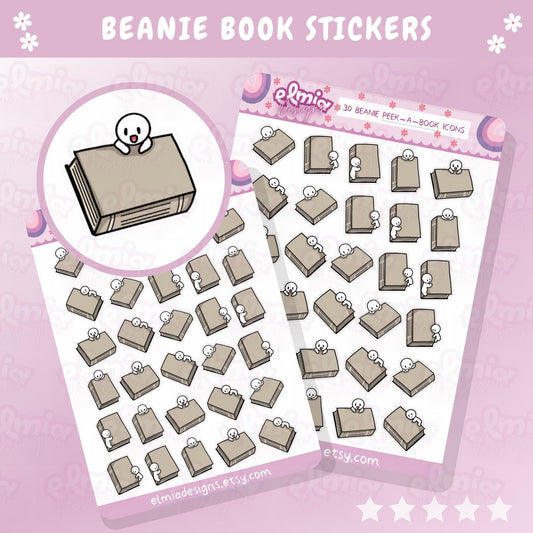 30 Cute Neutral Beanie Peek-a-Book Planner Stickers | Reading Journal | BUJO | Bullet Journal | Planning | Study | Work | Calendar | Kawaii