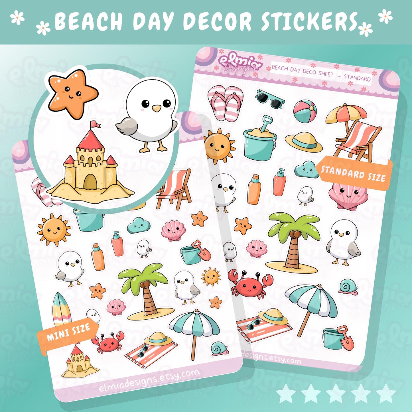 printed 25 Cute Kawaii Bright Beach Day Decor Sheet Planner Stickers | Holiday | Sea | Planning | Journaling Summer Travel Seaside Vacation