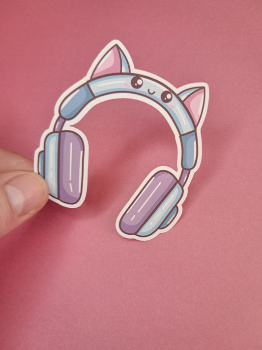 Cute kawaii cat gamer headphones audiobook Sticker Die cut Decal planner vinyl sticker | Kindle | Laptop | Book | Water Bottle | Bookish