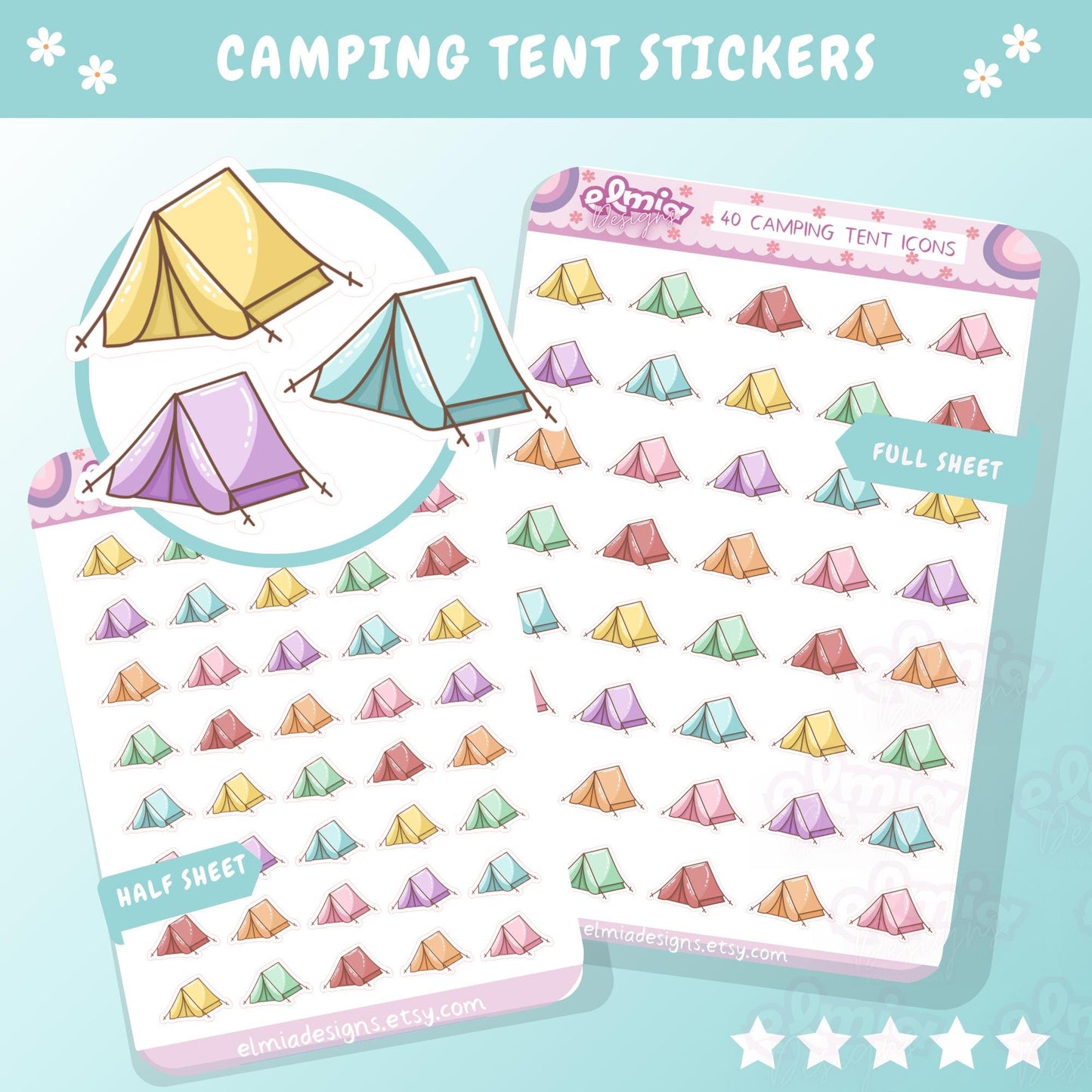 PRINTED Cute Kawaii camping tent journal stickers | traveling holiday vacation planner stickers | stickers for journaling | coloured sticker