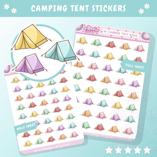 PRINTED Cute Kawaii camping tent journal stickers | traveling holiday vacation planner stickers | stickers for journaling | coloured sticker