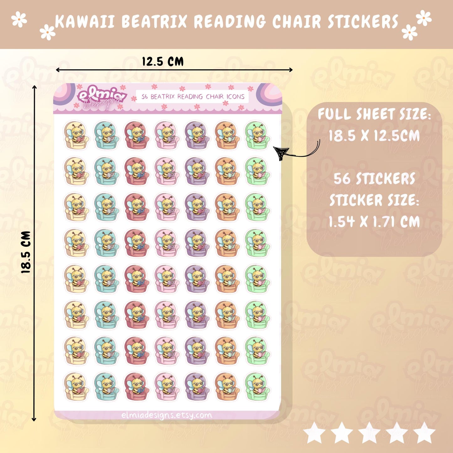 PRINTED Cute Kawaii Beatrix Bee Reading Chair Book or reading journal rating stickers | planner stickers | vinyl sticker Planning