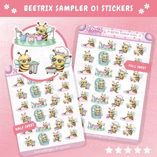 PRINTED Cute Kawaii Beetrix Bee sampler icons 01 | Planner sticker | journal | Housework | Reading | Bin Day | Chores | Planning | Character