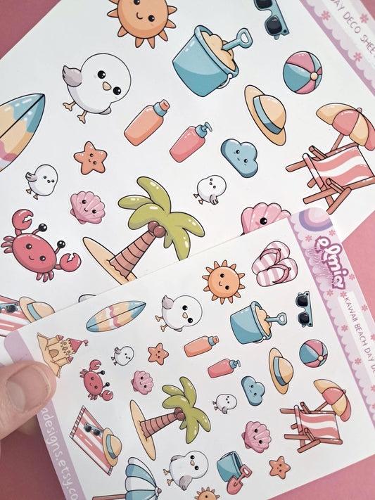 printed 25 Cute Kawaii Bright Beach Day Decor Sheet Planner Stickers | Holiday | Sea | Planning | Journaling  Summer Travel Seaside Vacation