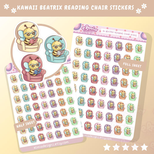 PRINTED Cute Kawaii Beatrix Bee Reading Chair Book or reading journal rating stickers | planner stickers | vinyl sticker Planning
