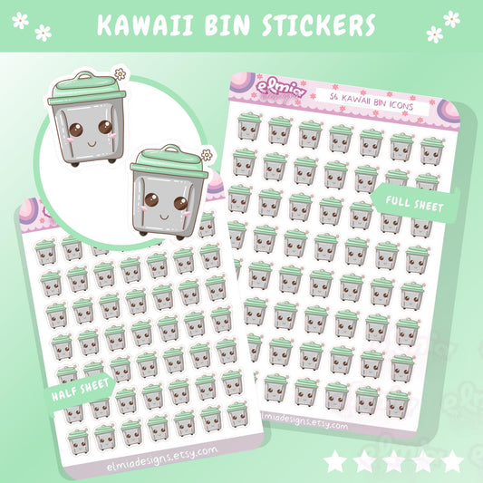 PRINTED Cute Kawaii Rubbish Bin Trash Can Chores | Garbage Day | Journaling | Calendar  Planner Sticker Sheet  Planning Journal Chore Chart