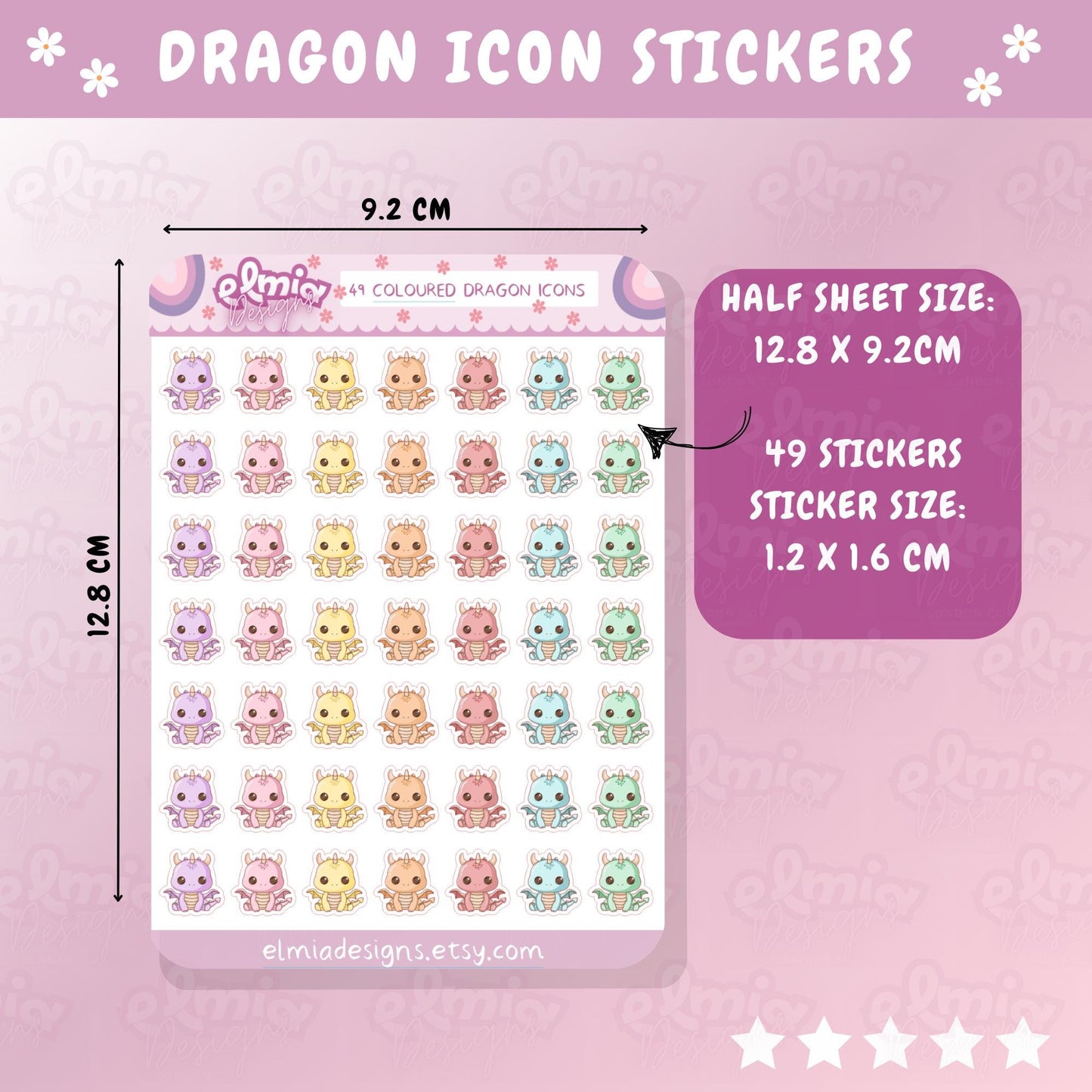 PRINTED Cute Kawaii Dragon Icon Planner Stickers | Fantasy | Book Dragon | Journal | Kids Stickers | Book Reader | Planning | Character