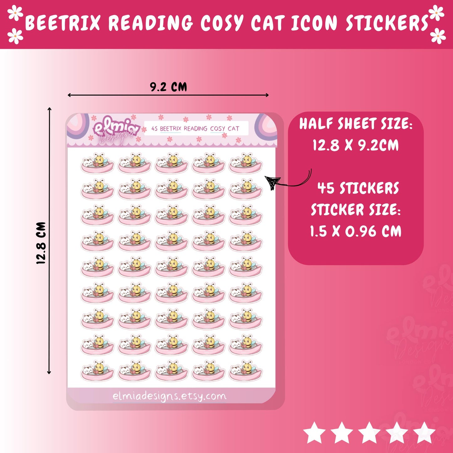 PRINTED Cute Kawaii Beetrix Bee Cat Cosy Reading In Bed | Planner sticker | journal | Reader Gift | Planning | Character Journal Book BUJO