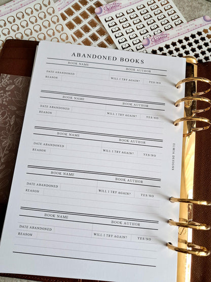 Digital Download A5 Size Reading Journal | Bookish gifts | Book Review | Reading tracker | Planner inserts | Abandoned Book DNF
