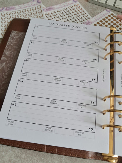 Digital Download A5 Size Reading Journal | Bookish gifts | Book Review | Reading tracker | Planner inserts | Favourite Book Quotes