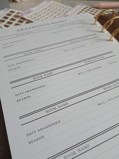 Digital Download A5 Size Reading Journal | Bookish gifts | Book Review | Reading tracker | Planner inserts | Abandoned Book DNF
