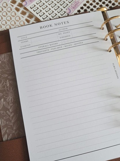 Digital Download A5 Size Reading Journal | Bookish gifts | Book Review | Reading tracker | Planner inserts | Book Note Pages