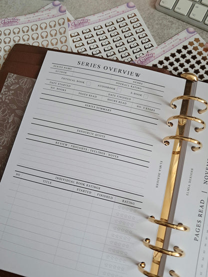 Digital Download A5 Size Reading Journal | Bookish gifts | Book Review | Reading tracker | Planner inserts | Book Series overview Tracker
