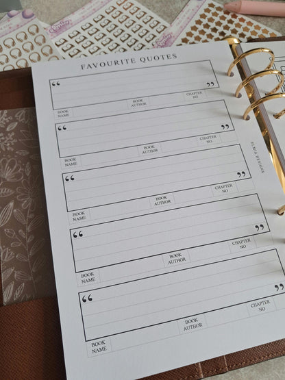 Digital Download A5 Size Reading Journal | Bookish gifts | Book Review | Reading tracker | Planner inserts | Favourite Book Quotes