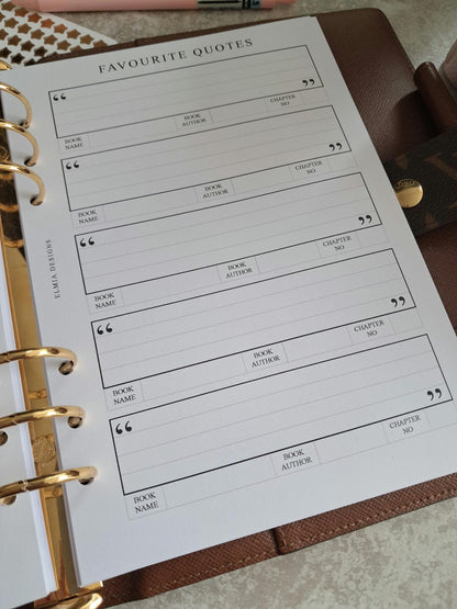 Digital Download A5 Size Reading Journal | Bookish gifts | Book Review | Reading tracker | Planner inserts | Favourite Book Quotes
