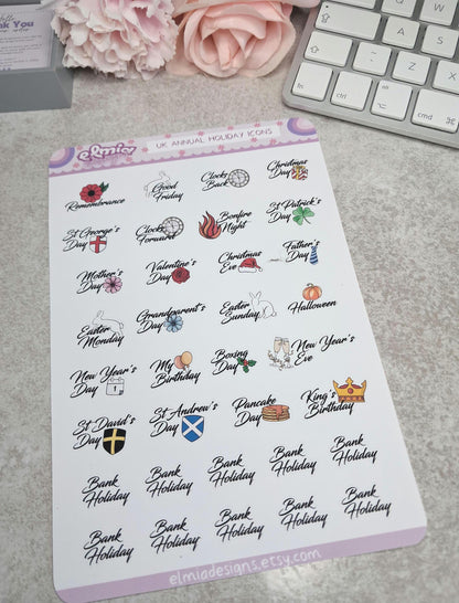 Printed UK Annual Holiday Date Planner Journal Diary Stickers | Bullet Journal | Planning | Bank Holiday | Calendar Dates | tracker