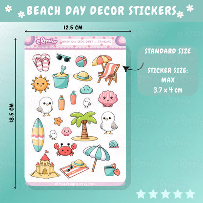 printed 25 Cute Kawaii Bright Beach Day Decor Sheet Planner Stickers | Holiday | Sea | Planning | Journaling  Summer Travel Seaside Vacation