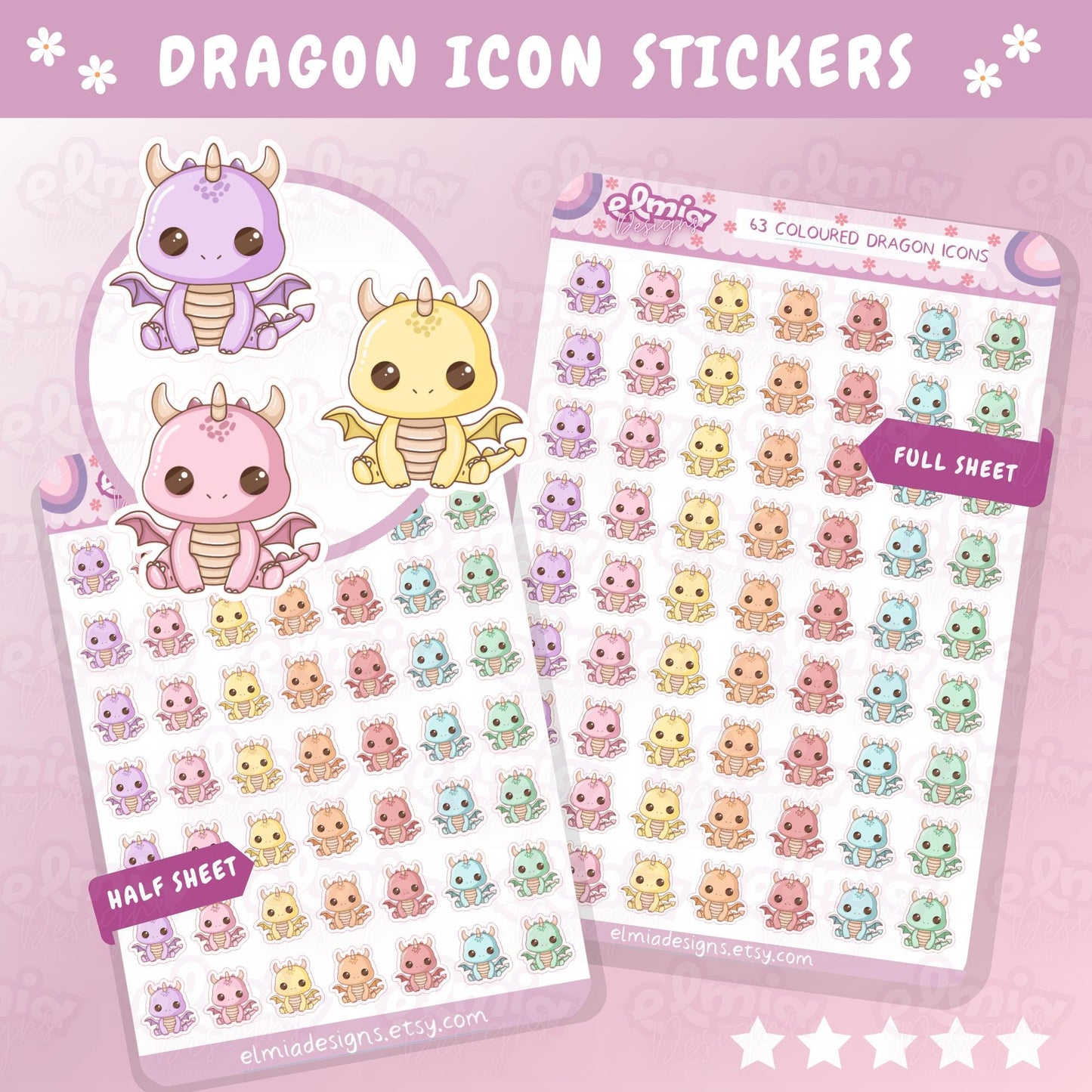 PRINTED Cute Kawaii Dragon Icon Planner Stickers | Fantasy | Book Dragon | Journal | Kids Stickers | Book Reader | Planning | Character