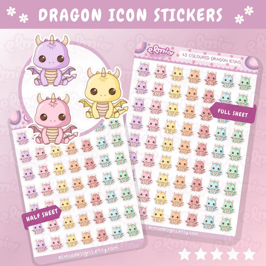 PRINTED Cute Kawaii Dragon Icon Planner Stickers | Fantasy | Book Dragon | Journal | Kids Stickers | Book Reader | Planning | Character