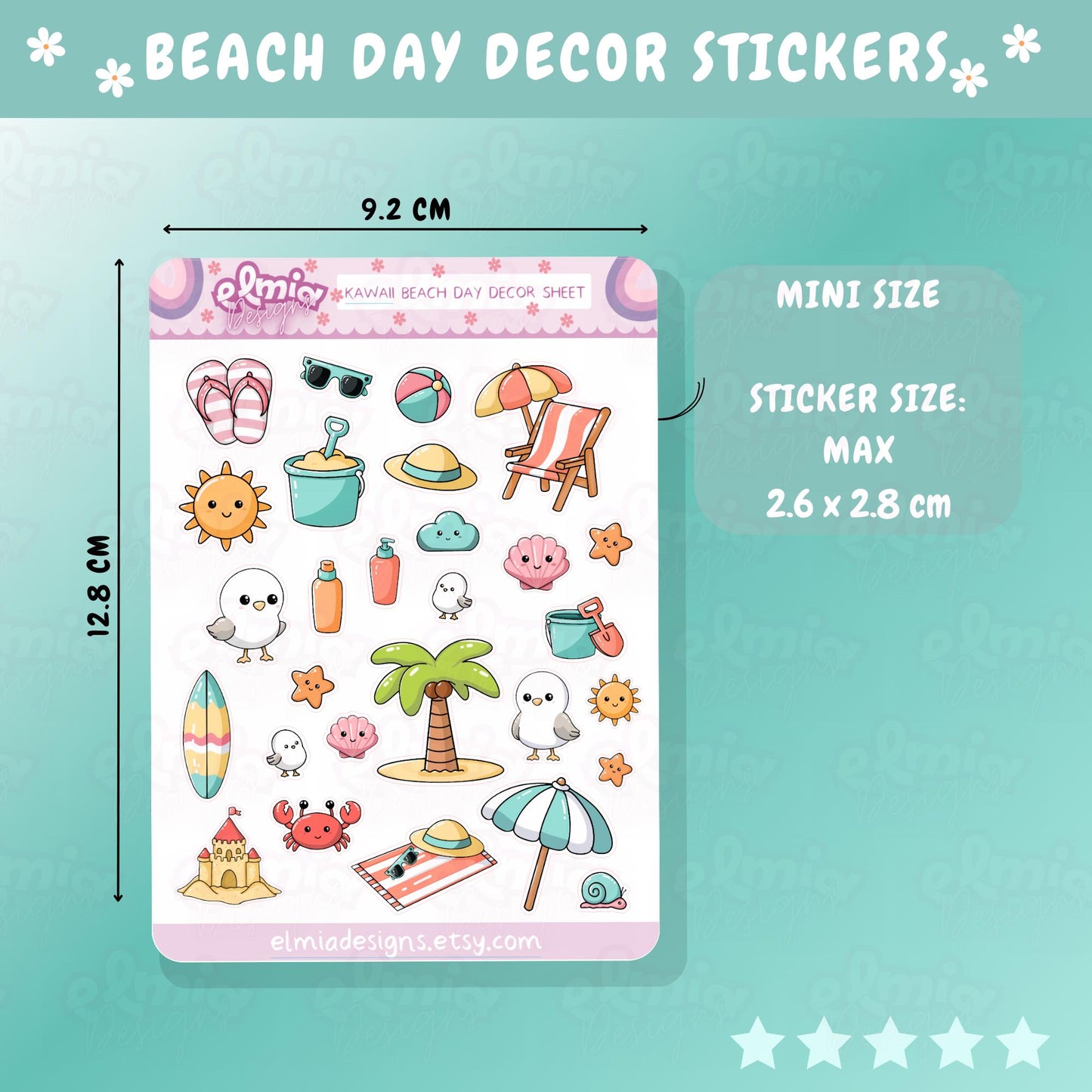 printed 25 Cute Kawaii Bright Beach Day Decor Sheet Planner Stickers | Holiday | Sea | Planning | Journaling  Summer Travel Seaside Vacation