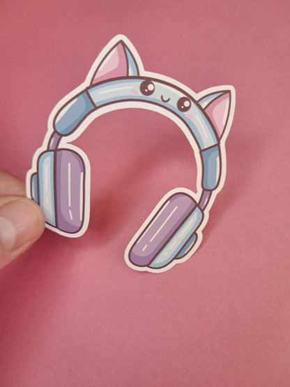 Cute kawaii cat gamer headphones audiobook Sticker Die cut Decal planner vinyl sticker | Kindle | Laptop | Book | Water Bottle | Bookish