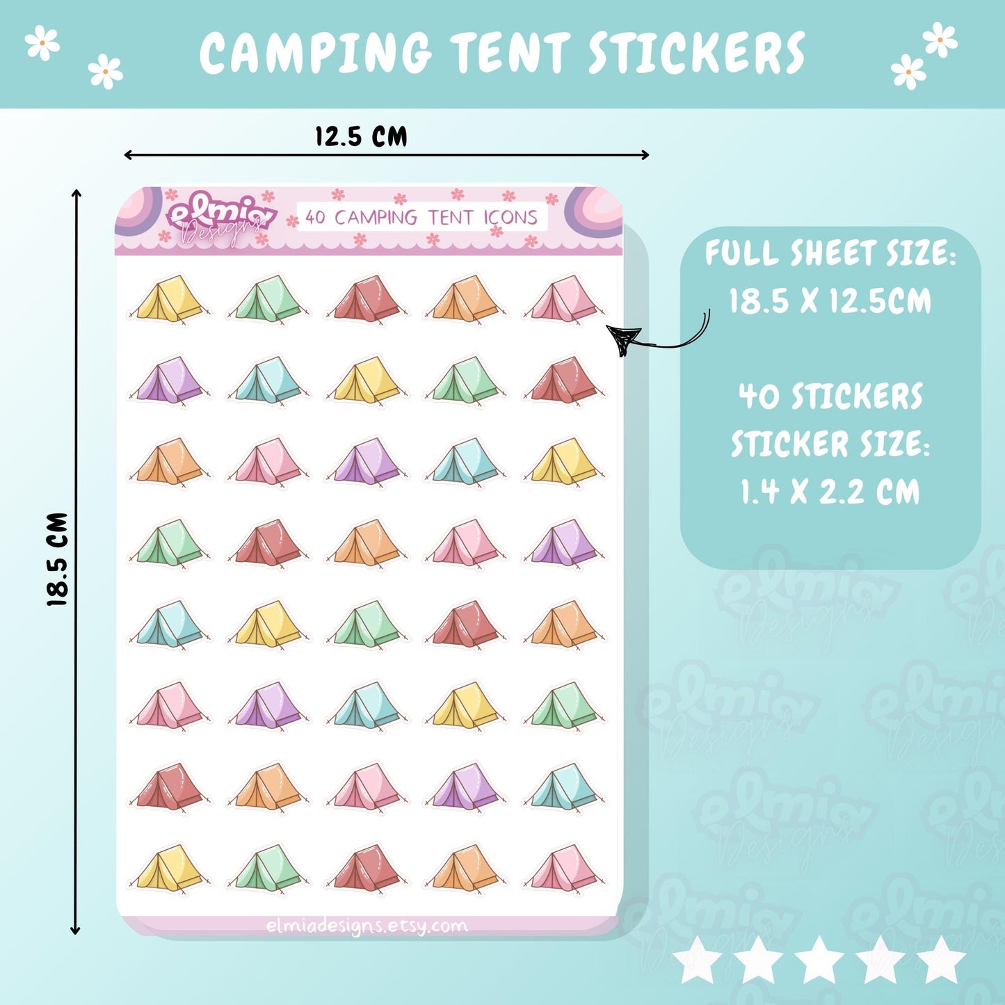 PRINTED Cute Kawaii camping tent journal stickers | traveling holiday vacation planner stickers | stickers for journaling | coloured sticker