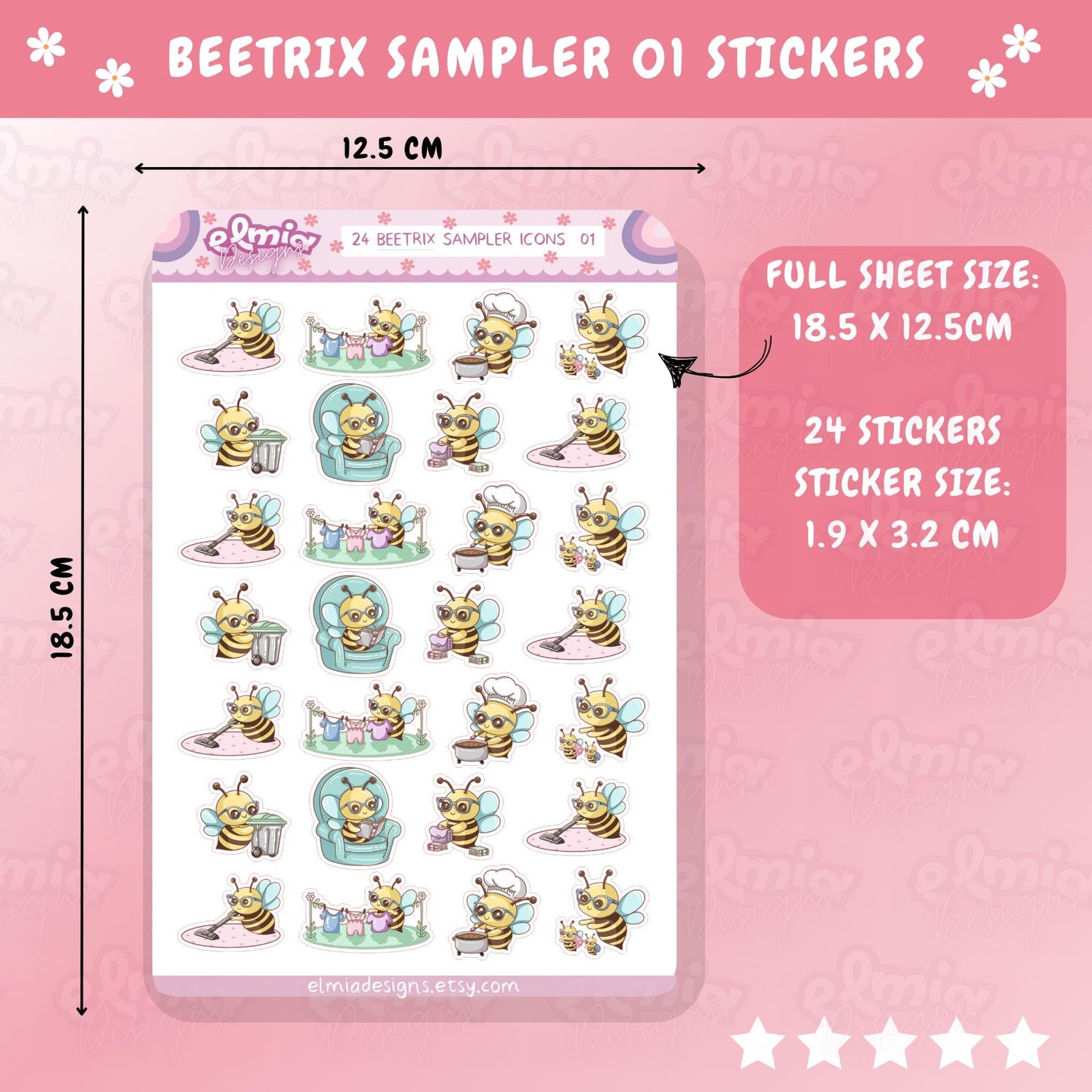 PRINTED Cute Kawaii Beetrix Bee sampler icons 01 | Planner sticker | journal | Housework | Reading | Bin Day | Chores | Planning | Character