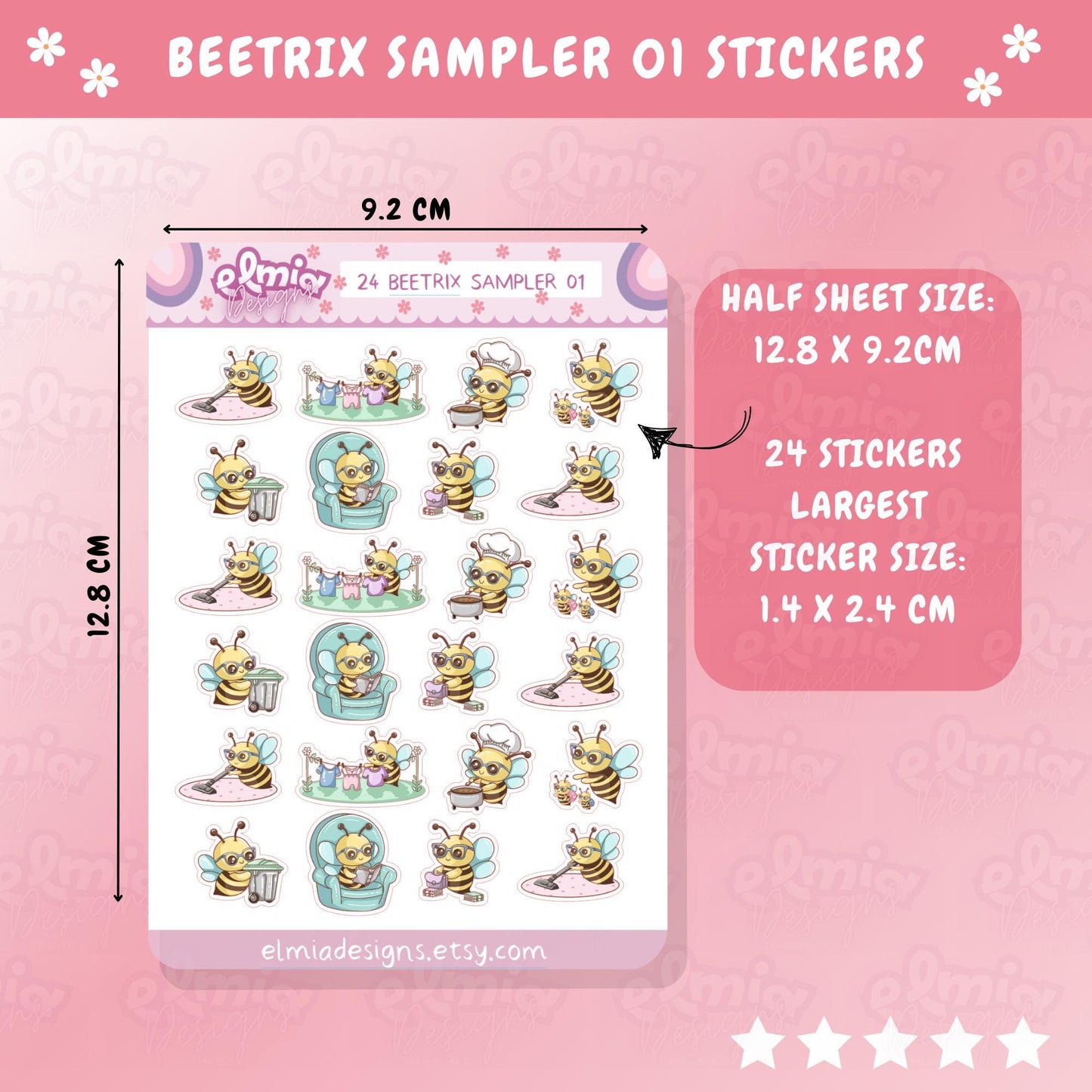 PRINTED Cute Kawaii Beetrix Bee sampler icons 01 | Planner sticker | journal | Housework | Reading | Bin Day | Chores | Planning | Character