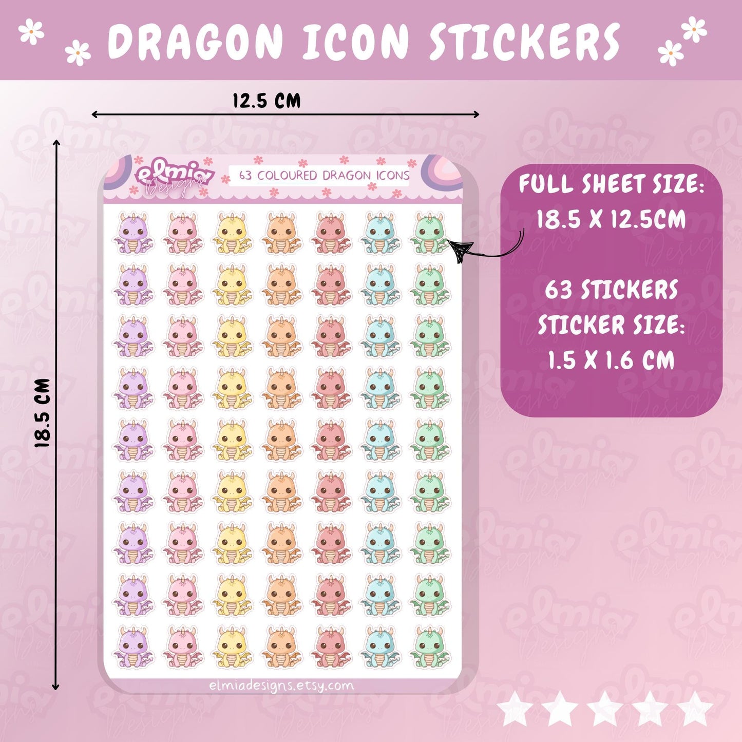 PRINTED Cute Kawaii Dragon Icon Planner Stickers | Fantasy | Book Dragon | Journal | Kids Stickers | Book Reader | Planning | Character