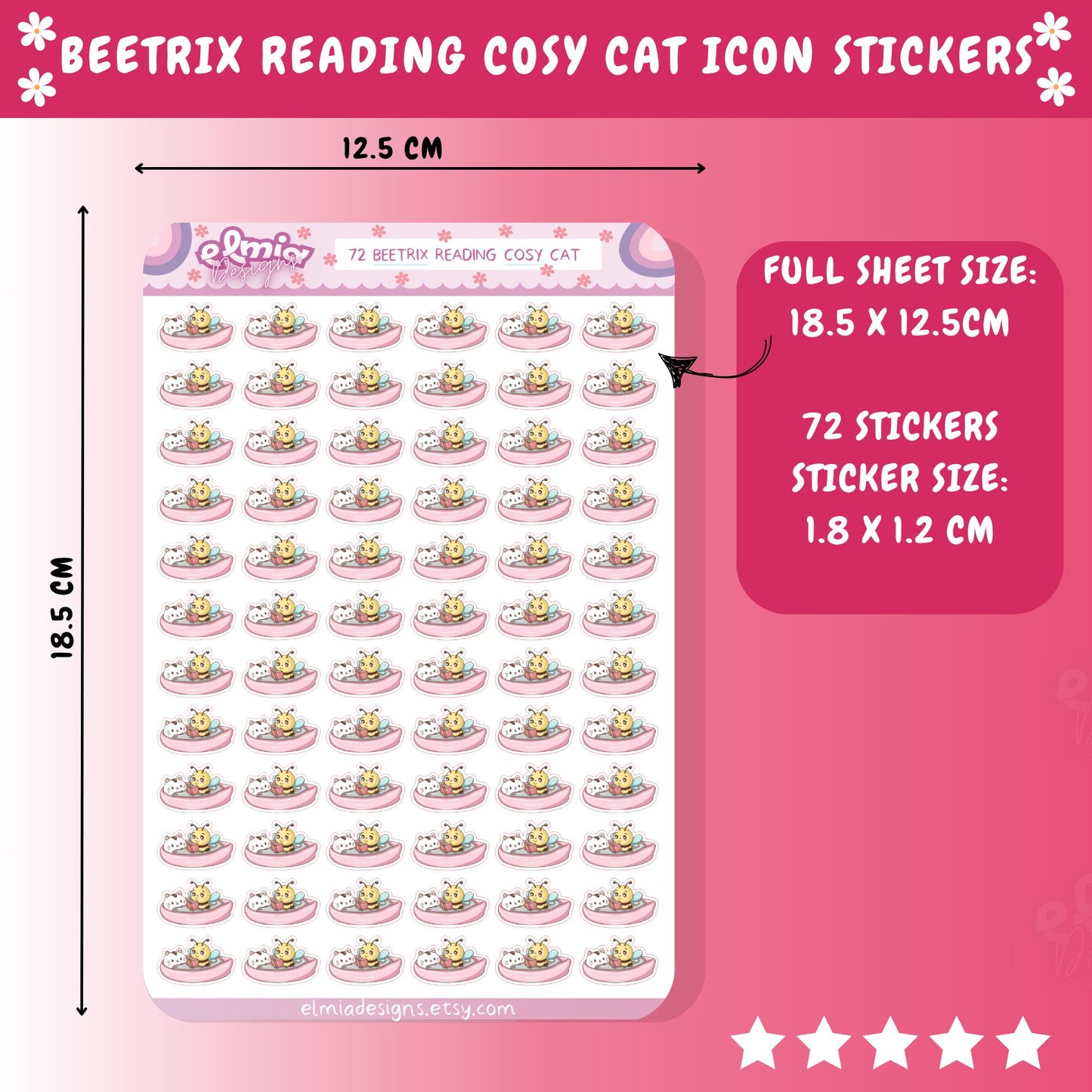 PRINTED Cute Kawaii Beetrix Bee Cat Cosy Reading In Bed | Planner sticker | journal | Reader Gift | Planning | Character Journal Book BUJO