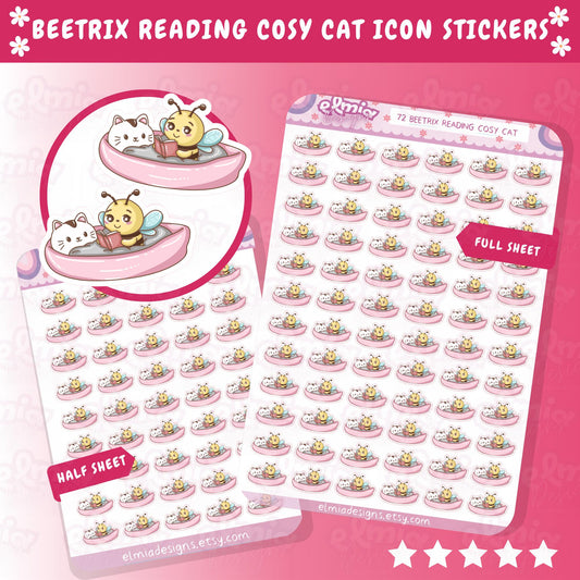 PRINTED Cute Kawaii Beetrix Bee Cat Cosy Reading In Bed | Planner sticker | journal | Reader Gift | Planning | Character Journal Book BUJO